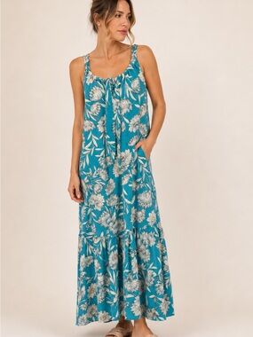 Band of the Free Teal Floral Bohemian Style Maxi Dress / Flowy Blue Maxi Dress